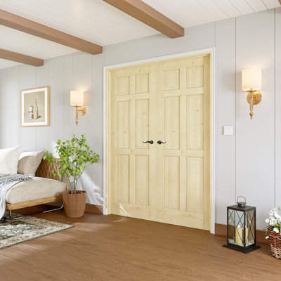 Interior 6-Panel French Door Solid Pine Wood With French Door Accessories