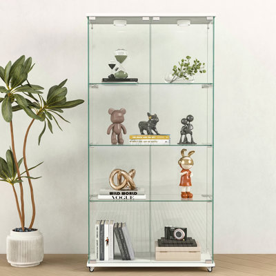 Vitrine moderne en verre avec lumières DEL, armoire antique à assemblage rapide, bibliothèque en verre trempé, convenant au salon et aux chambres à coucher, 2 portes et 4 tablettes