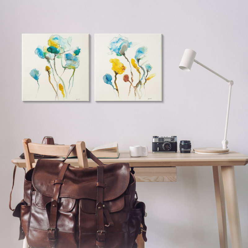 "Watercolor Teal & Yellow Flowers", ensemble de 2 toiles murales par Patti Mann, H 17 po x l 17 po