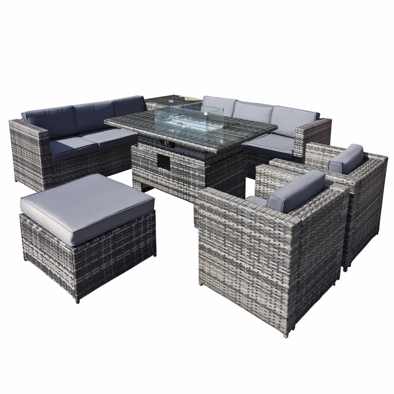 Malta Rattan 9 Seat Rising Firepit U-Shape Set in Grey Walnut with Footstool