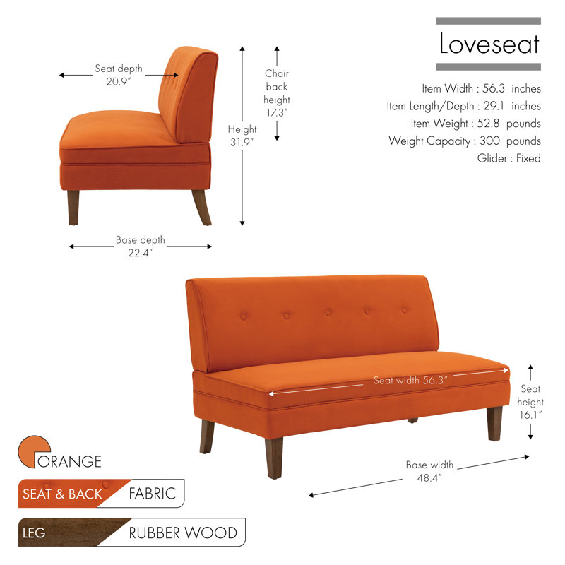 Rockcrest 56.3'' Fabric Upholstered Loveseat with Rubberwood Legs, Orange Polyester Blend