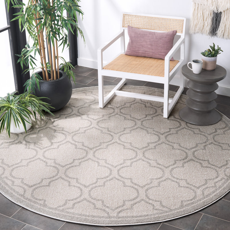 Tapis gris clair / ivoire à motif géométrique Ammundsen, Rond 7 pi