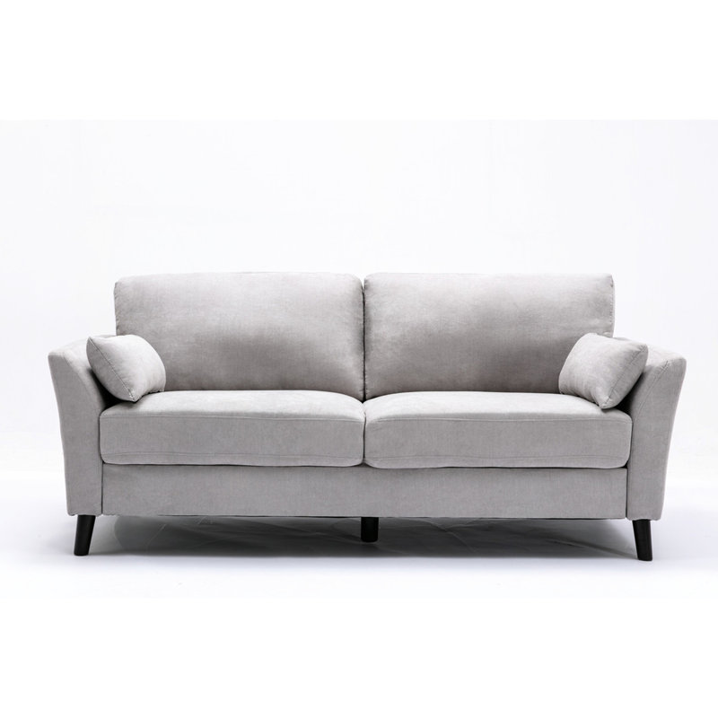 Velours gris avec 2 coussins décoratifs, tissu tissé de 77 po, siège à ressorts ensachés, pieds en bois massif brun foncé, hauteur des pieds 5,25 po,