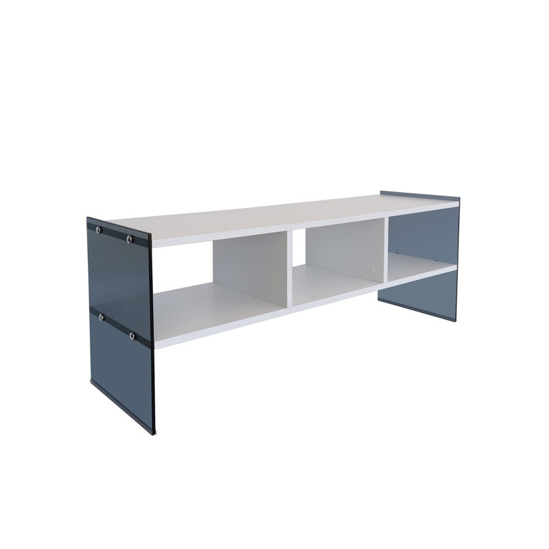 Meuble télé moderne avec cadre en verre trempé, blanc et fumée, 47,2 po x 17,7 po x 13,8 po | 100% panneau de particules enduit de mélamine, 0,3 po d'épaisseur | Capacité de poids maximale: 44 lb | Conception élégante avec option de fixation murale et plusieurs tablettes