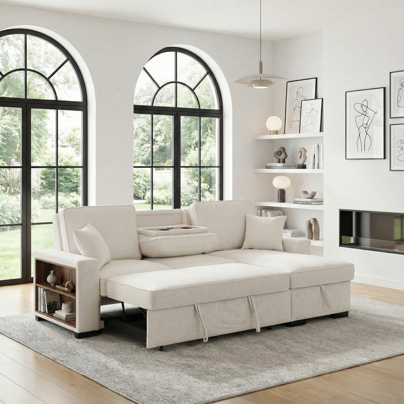 91" Multi-Functional Chenille Corner Sectional - With Side Bookcase And USB Charging Port, Beige