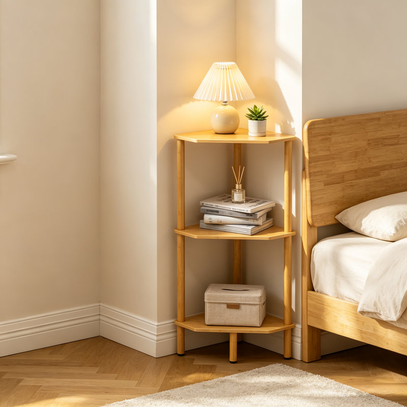 Tablette de coin en bambou avec pieds réglables - Support de rangement compact pour petits espaces