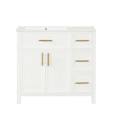Meuble-lavabo de 36 pouces en bois massif avec lavabo, deux portes, trois tiroirs et panneaux de fibres à densité moyenne pour un rangement durable