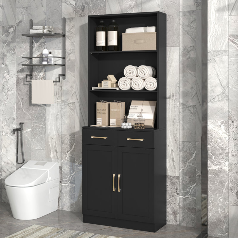 Armoire de rangement pour salle de bain, armoire avec deux portes et tiroirs, tablette réglable, tablette ouverte à trois couches, panneau de fibres à densité moyenne, rangement pour salle de bain
