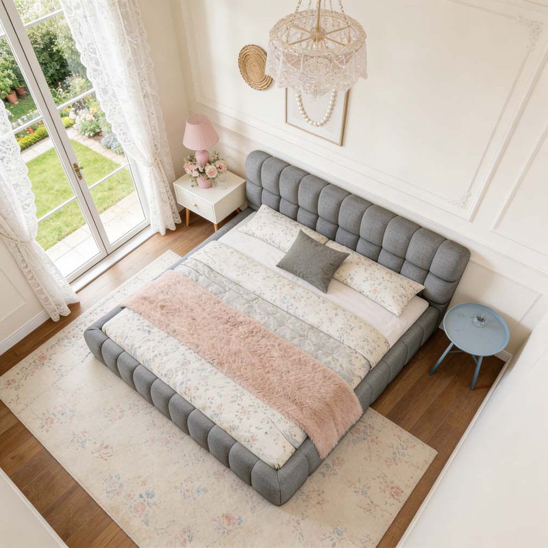 Très grand lit plateforme tapissier avec tissu épais, Gris