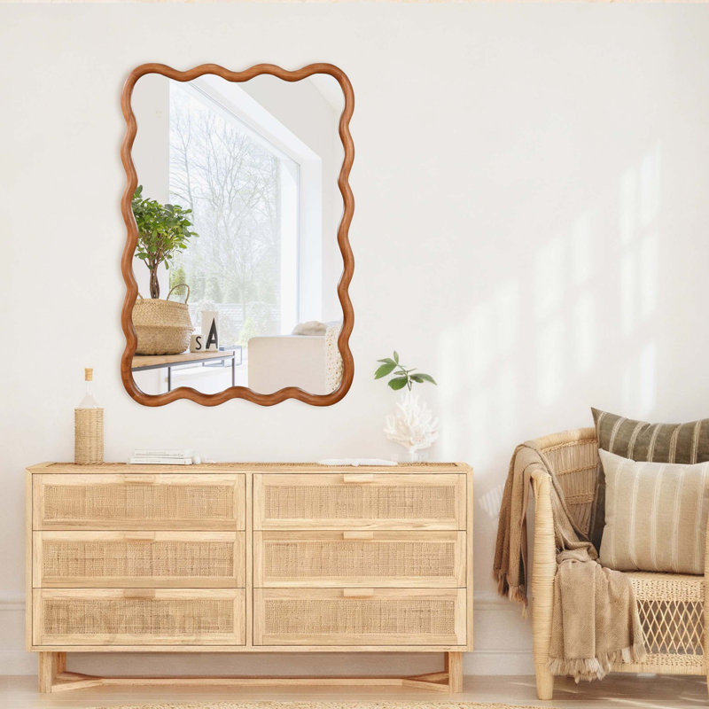 Miroir décoratif jaune-brun rectangulaire en bois massif ondulé 24 po x 36 po, pour chambre à coucher, salle de bain, salon, entrée