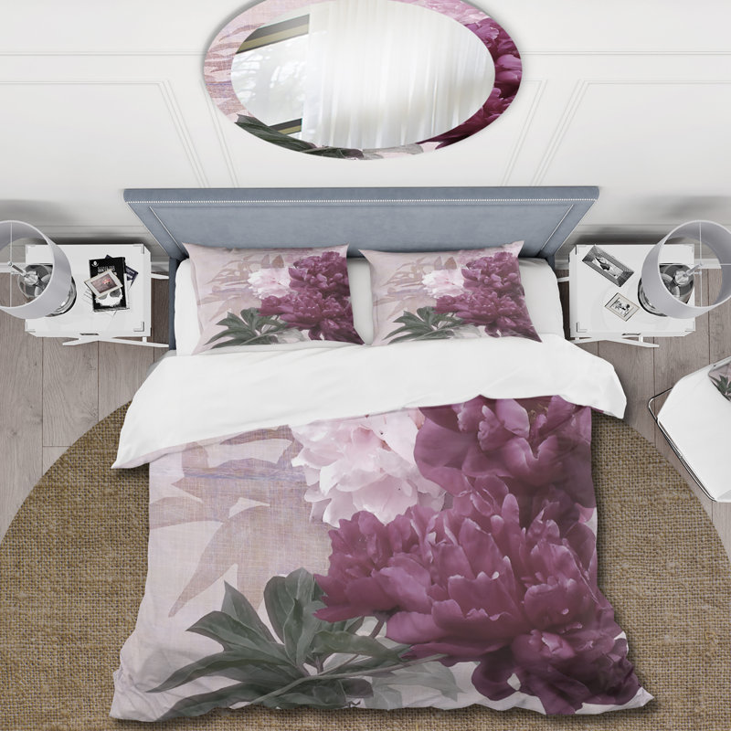 Fleurs rétro mauves et roses I - ensemble de housse de couette traditionnel - microfibre de polyester