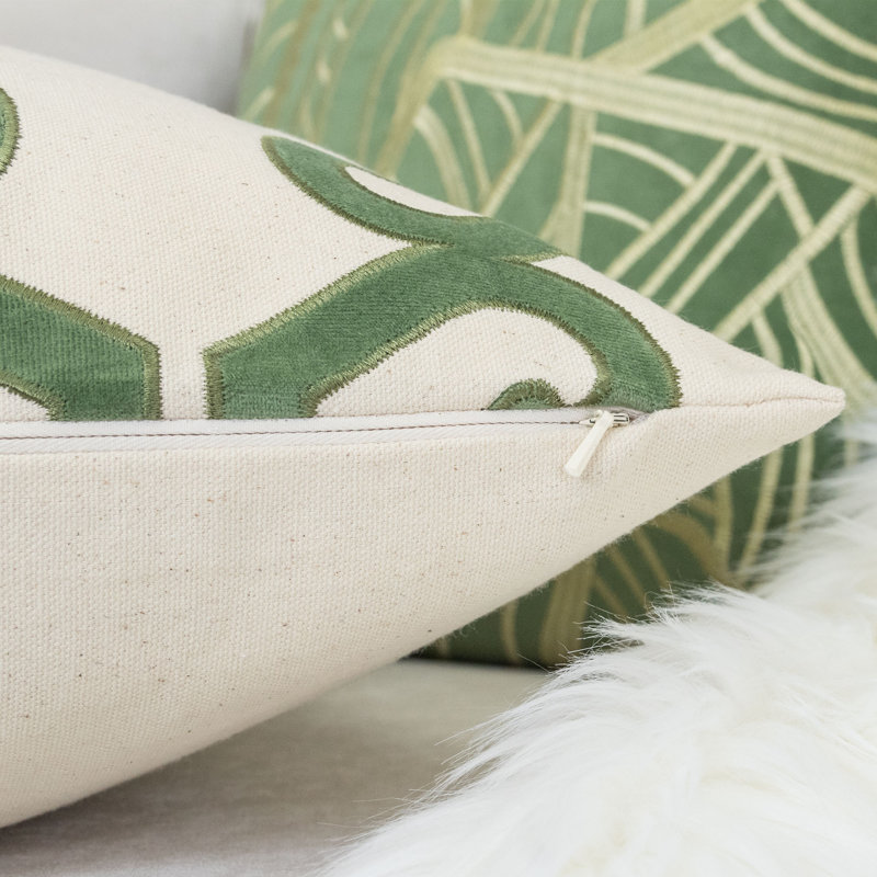  Applique Cotton Geometric Throw Pillow, Green/Ivory