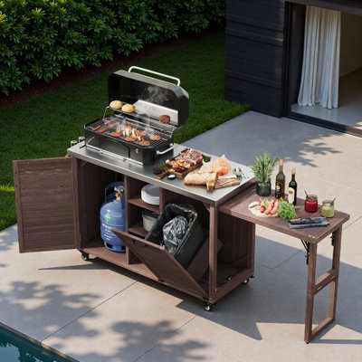 Outdoor Kitchen Island With Foldable Grill Table, Trash Can Storag, Stainless Steel Top, Large Storage Cabinet And Open Shelves