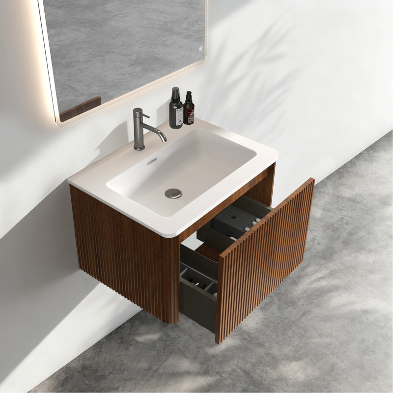 Meuble-lavabo 24 po en noyer rayé avec lavabo à surface solide blanc, meuble-lavabo mural flottant pour salle de bain moderne, pré-assemblé