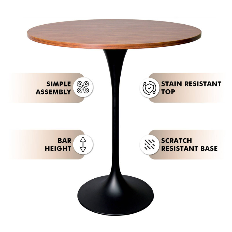 Harton Round Bar Height Dining Table with MDF Top and Stainless Steel Pedestal Base Kitchen Table Seats 2-6 Person
