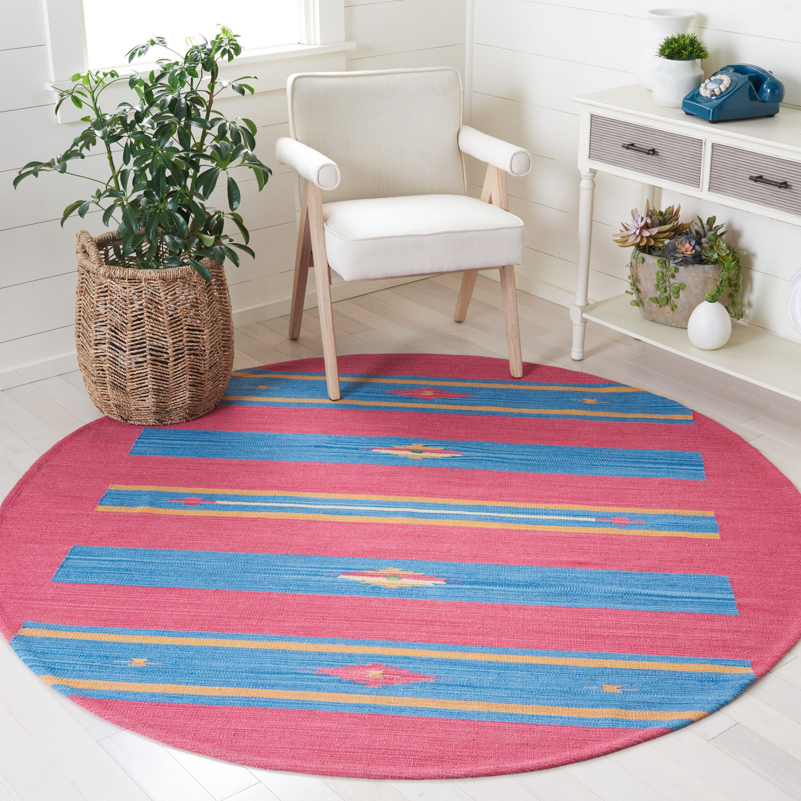 Danely Pink Blue Yellow Flatweave Cotton Rug, Round 6'
