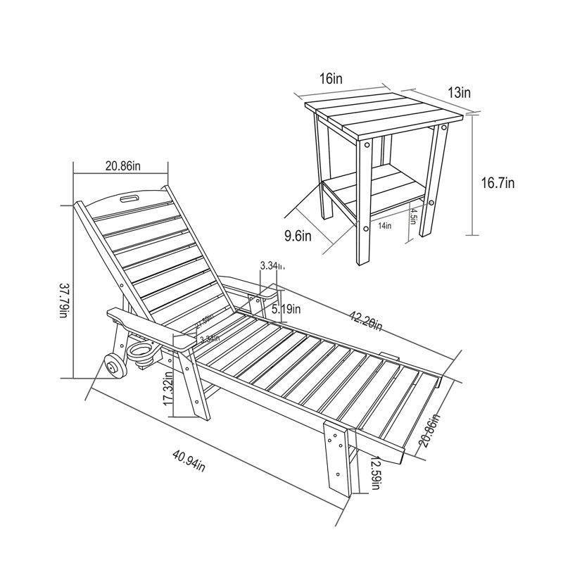 3-Piece Patio Lounge Chair Set With Side Table, Oversized Chaise Lounge With 5-Position Adjustable Backrest, HDPE, Cup Holders, Wheels (2 Chairs + 1 Table)