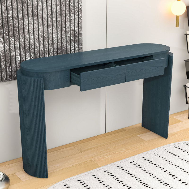 Élégante table d'entrée ovale avec finition grain de bois et rangement, Marine
