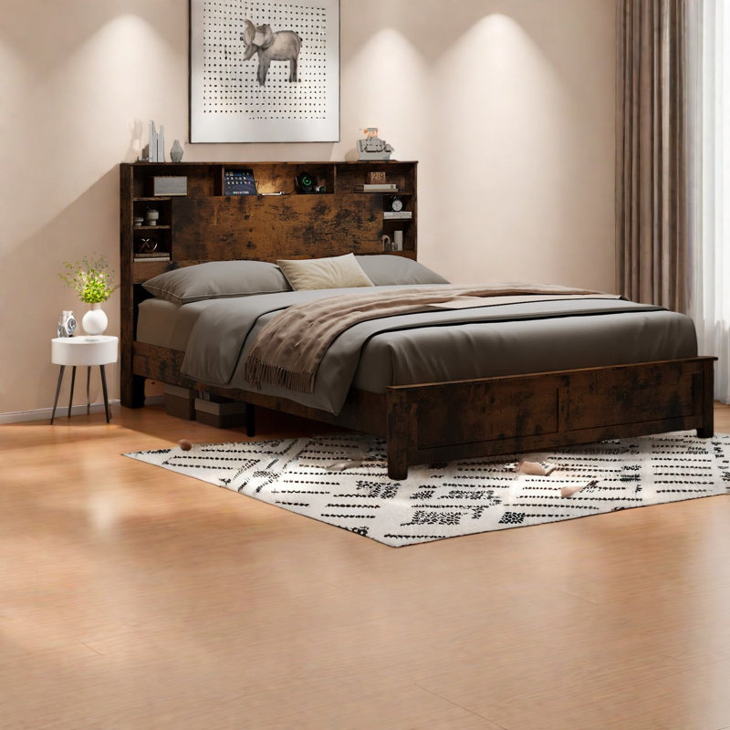 Lit moderne en bois gain d'espace avec rangement, éclairage DEL et port USB, confort à la maison