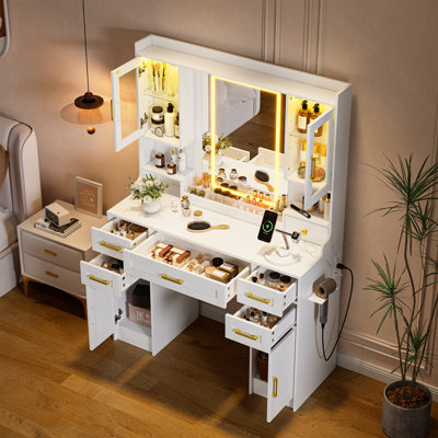 Coiffeuse à maquillage moderne à DEL avec prise de courant - coiffeuse blanche 41,3 po avec armoires en verre, 6 tiroirs et porte-séchoir pour chambre à coucher