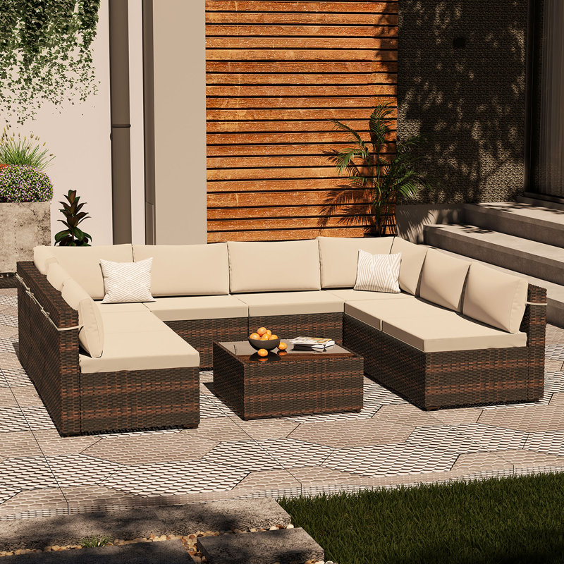 Rosaelena Wicker 8 - Person Modular Patio Conversation Set with Cushions, Beige, Brown