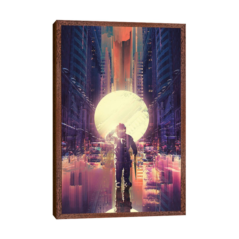 Lost In The City by Nicebleed - Print on Canvas, 66.04cm H x 45.72cm W x 3.81cm D, Classic Brown Wood Framed