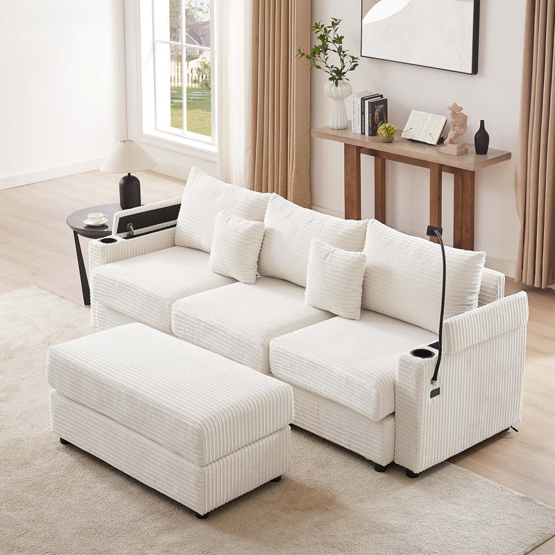 Canapé modulaire moderne avec repose-pieds en velours côtelé Modern, Velours côtelé beige