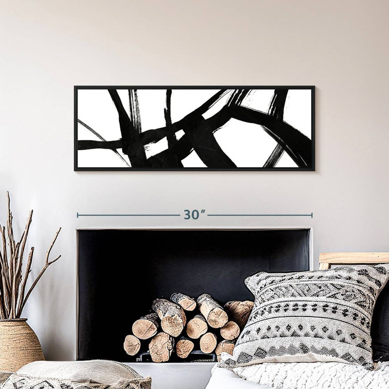 Black Ink Streaks V, Floating Frame Black, 31" X 11"