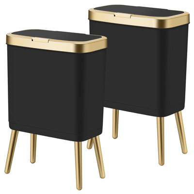Ensemble de 2 poubelles minces de 4 gallons, corbeille à déchets à bouton-poussoir noir avec couvercle, accent doré pour la cuisine de la salle de bain