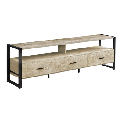 72 - Inch Tv Stand, Contemporary Media Entertainment Center With Cream Stone Laminate And Black Metal. 2 Open Shelves For Devices, 3 Storage Drawers On Metal Glides. Solid Construction, Quick