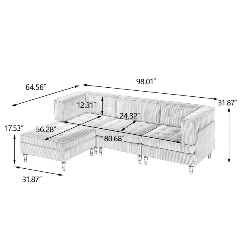4 - Piece Upholstered Camel Tufted Corduroy Modular Sectional with Pillow Back and Removable Flip-Tray Top Storage Ottoman