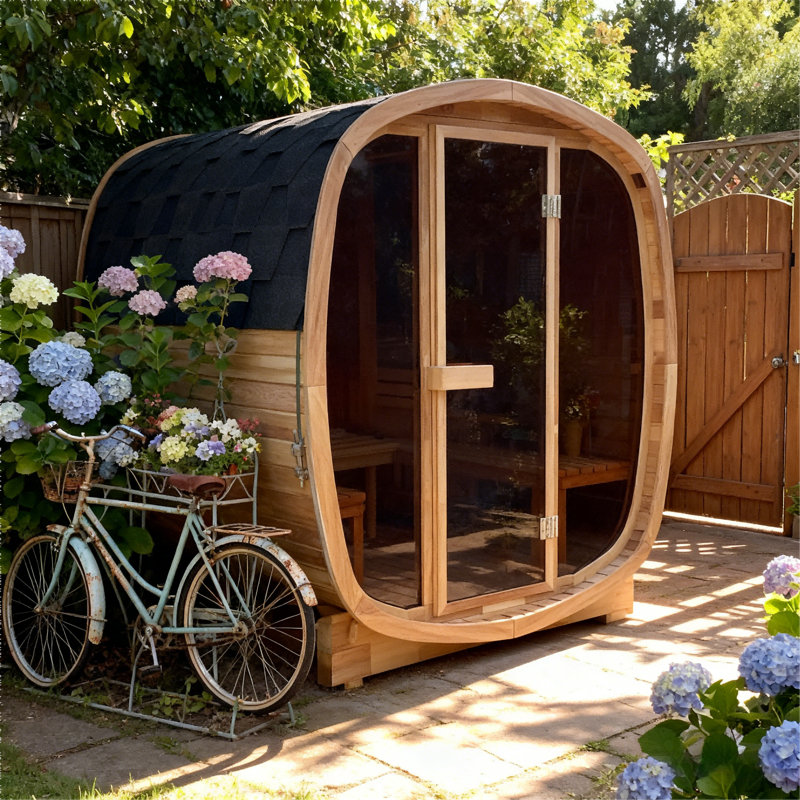 2-4 Person Patchwork Red Cedar Outdoor Traditional Steam Sauna With Tinted Tempered Glass Panels, Weather-Resistant Asphalt Shingle Roof, And Rustic Solid Wood Frame