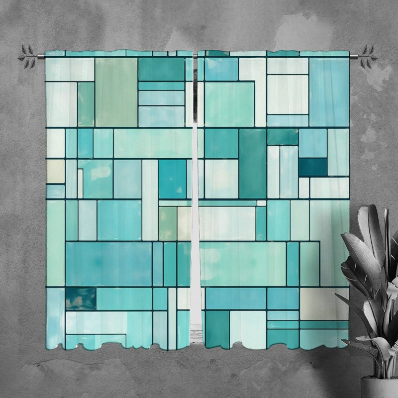 Mondrian Window Curtains Geometric Blue Drapes, H 82 po x l 20 po