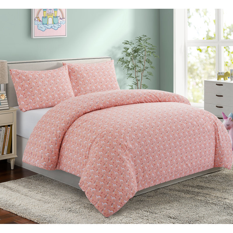 Marina Decoration Girls Toddlers Cute 600 Thread Count Home Bedding Soft Percale 2 Pieces Kids Printed Cotton Duvet Cover Set with Corner Tie and Zipper, Pink Unicorn Rainbow Pattern Twin/Single Size