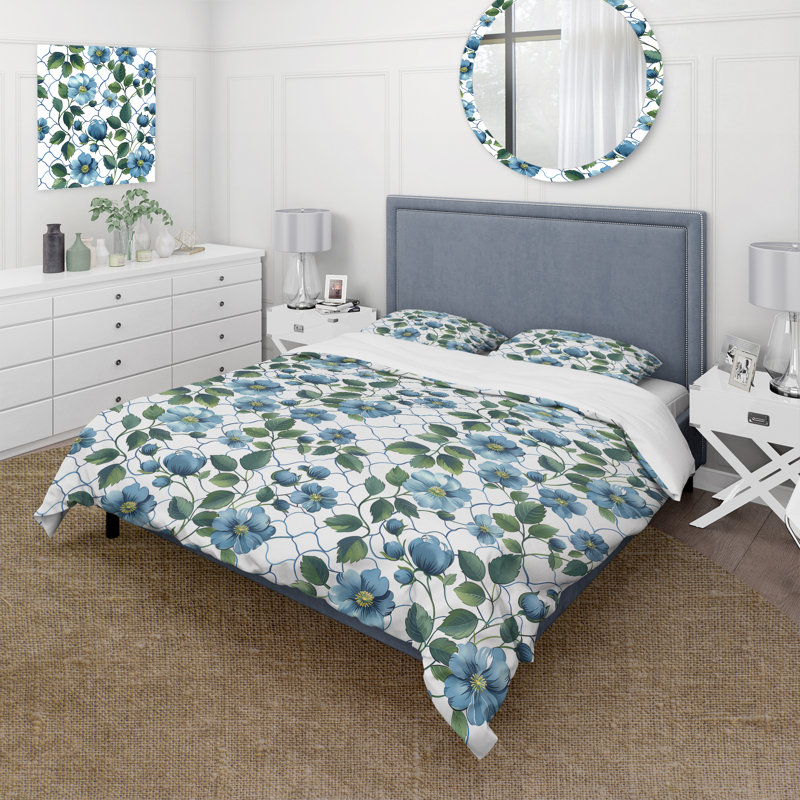 Ensemble de housse de couette Traditional Blue Trellis IV, Housse de couette simple et deux taies décorative