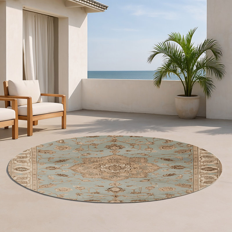Tabriz Beige Indoor and Outdoor Area Rug, Rond 5 pi
