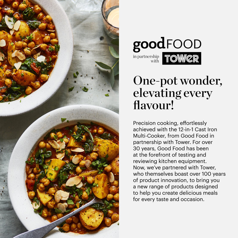 GF16012 Good Food in partnership with Tower 12-in-1 Multi-Cooker with 12 Cooking Pre-sets, Removable Cast Iron Pot, Cast Iron, 12 Hour Timer, 1500W, Black & Stainless Steel