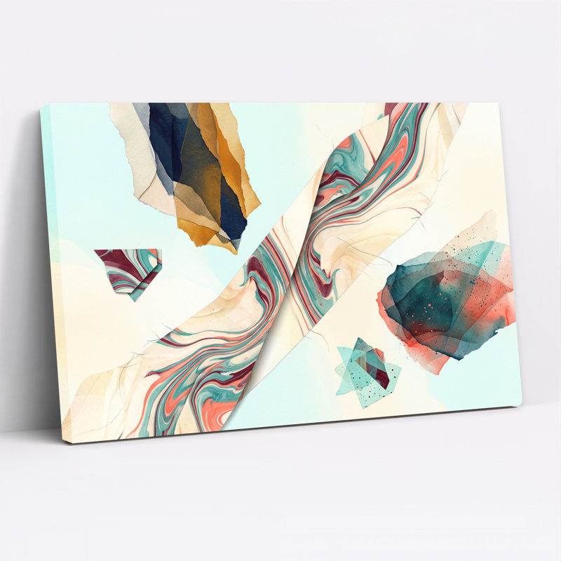 Art mural sur toile tourbillonnant en marbre et en papier déchiré bleu sarcelle et crème, H 16 po x l 24 po