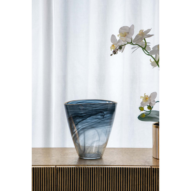 Vase en verre noir 9,3 x 4,7 x 9,3 po avec bordure dorée