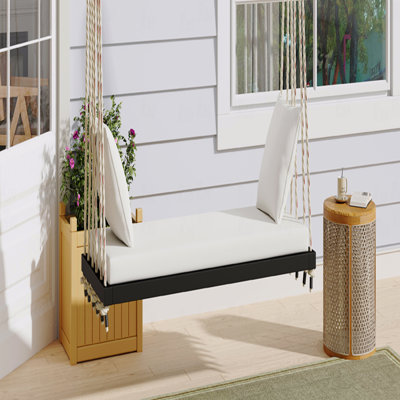Balancelle d'extérieur en bois, banc de balancelle avec coussin et coussins, cordes en chanvre 10,8 pi
