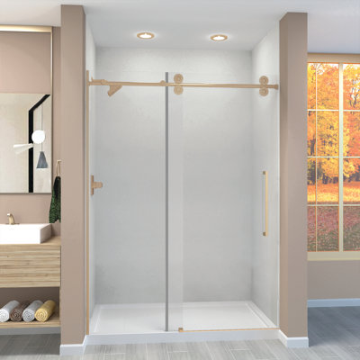 Porte de douche de grange coulissante sans cadre, verre de fer de 3/8 po de bas, 59 po de large x 80 po de haut, par Transolide Teegan Plus