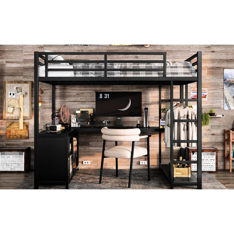 Twin Metal Loft Bed With Wardrobe And L-Shaped Study Area, Modern Style For Teenagers In Dorms Desk, Practical, Twin
