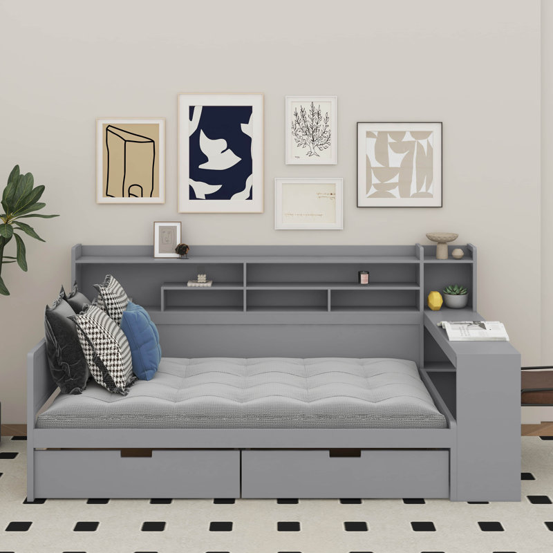 Lit de jour en bois avec tablettes de rangement, lit multifonctionnel avec deux tiroirs de rangement et bureau d'étude