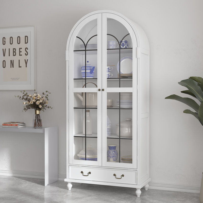 77.2" H Glass Door Display Cabinet - 4 Shelves + Paint Finish, White