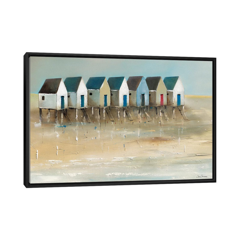«Beach Cabins I», reproduction sur toile, H 18 po x l 26 po x p 1,5 po, Toile avec cadre noir, Pas de tapis