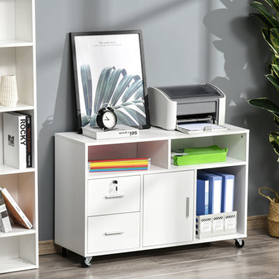 Imprimante bureau à domicile bureau mobile organisateur de bureau avec roulettes, 2 casiers verrouillables et tiroir, blanc