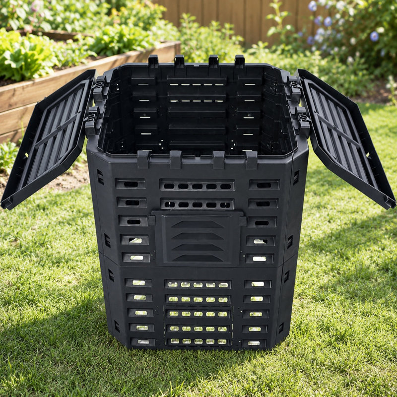 90-Gallon Black Recycled Plastic Garden Composter Bin, Large Outdoor Compost Box