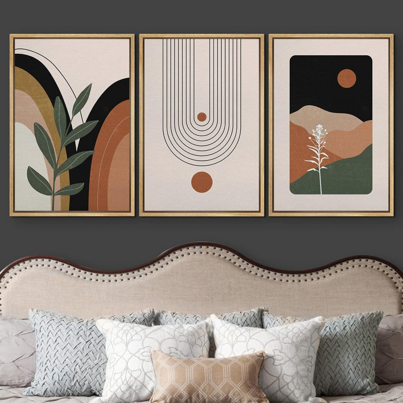 Bohemian-style plants " Brown Plant and Polygon Variety Abstract Shapes Illustrations Mid Century Modern Art Boho Colorful " 3 Piece Art Set