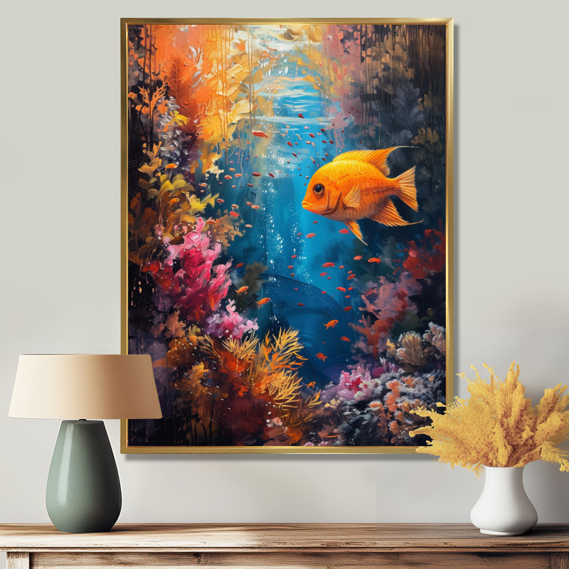 Orange, bleu, corail, poisson rouge, Marvel - art mural de mur de corail, salon, Black Floater Framed, H 30 po x l 40 po