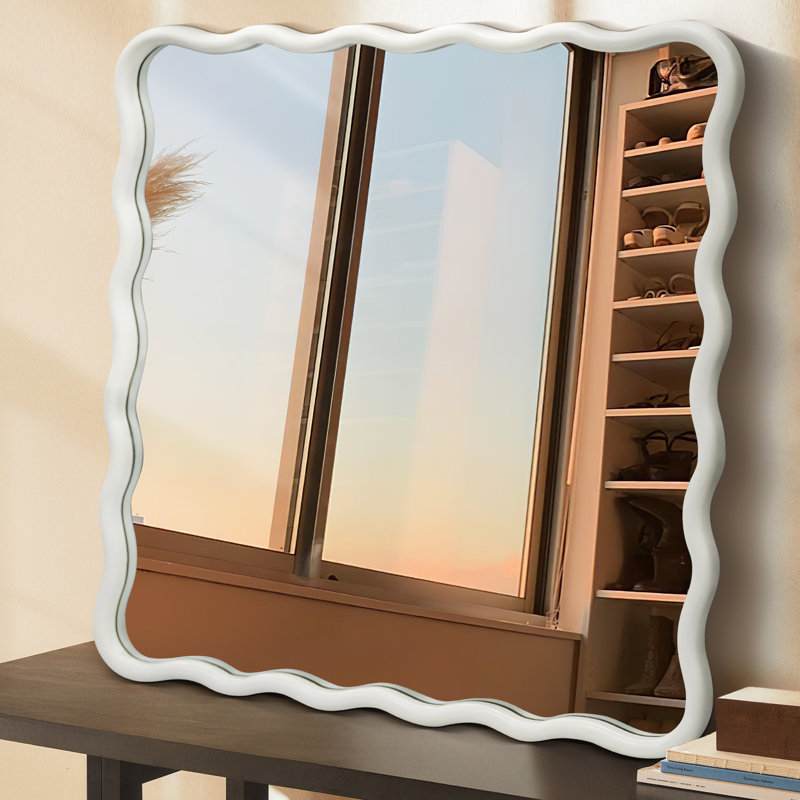 Wavy Wood Framed Square Wall Mirror, White
